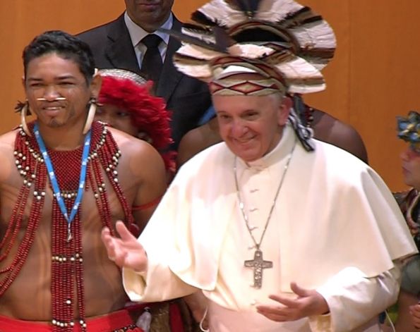 Pope Francis Puts On Indian Headdress From Pataxo Tribe After Speech